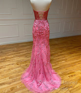 Sweetheart Neck Pink Mermaid Lace Semi Formal Prom Dresses, Pink Mermaid Lace Formal Graduation Dresses